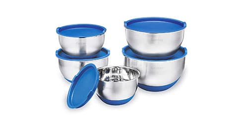 Nesting Bowls with Lids Wildone Stainless Steel Mixing Bowls Set of 3 Non-slip Bottoms Ideal for Mixing & Prepping 6 Piece Grater Attachments Silicone Handles Measurement Marks Pour Spout 